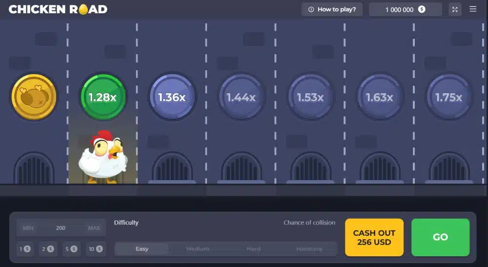 Escena del juego Chicken Road con el pollo avanzando con seguridad y un multiplicador de 1,28x.
